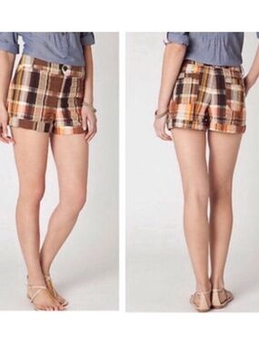 Elevenses Madras Neutral Plaid Cuffed Knit Shorts Sz 8